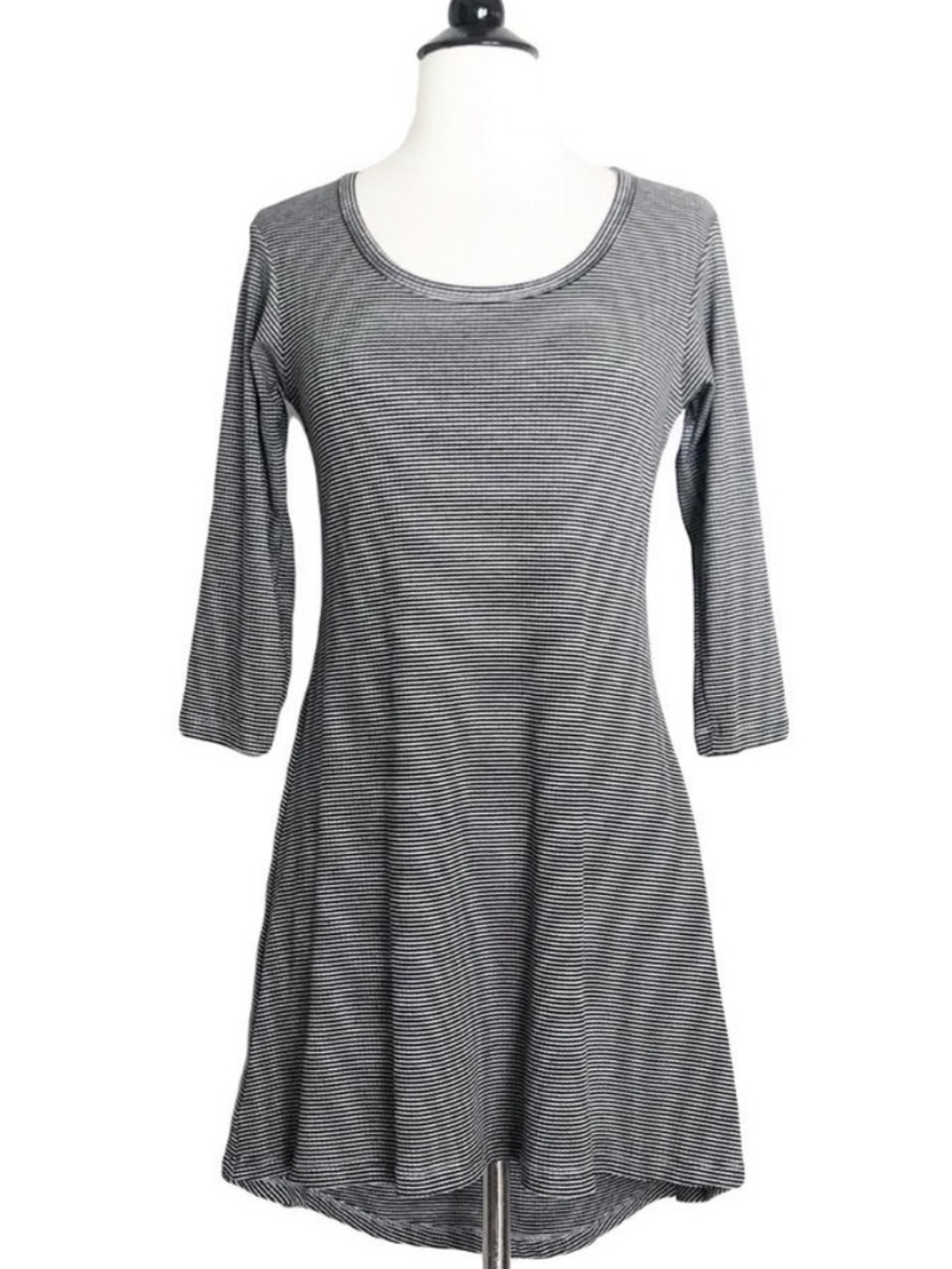 Black and White Stripe 3/4 Sleeve Hi-Lo Stretch Dress Tunic